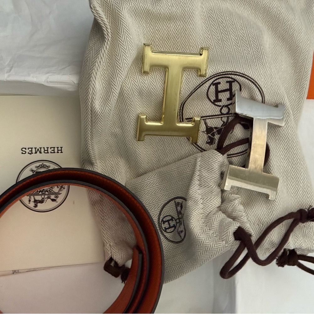 Hermes Brown Belt with Gold and Silver Buckles